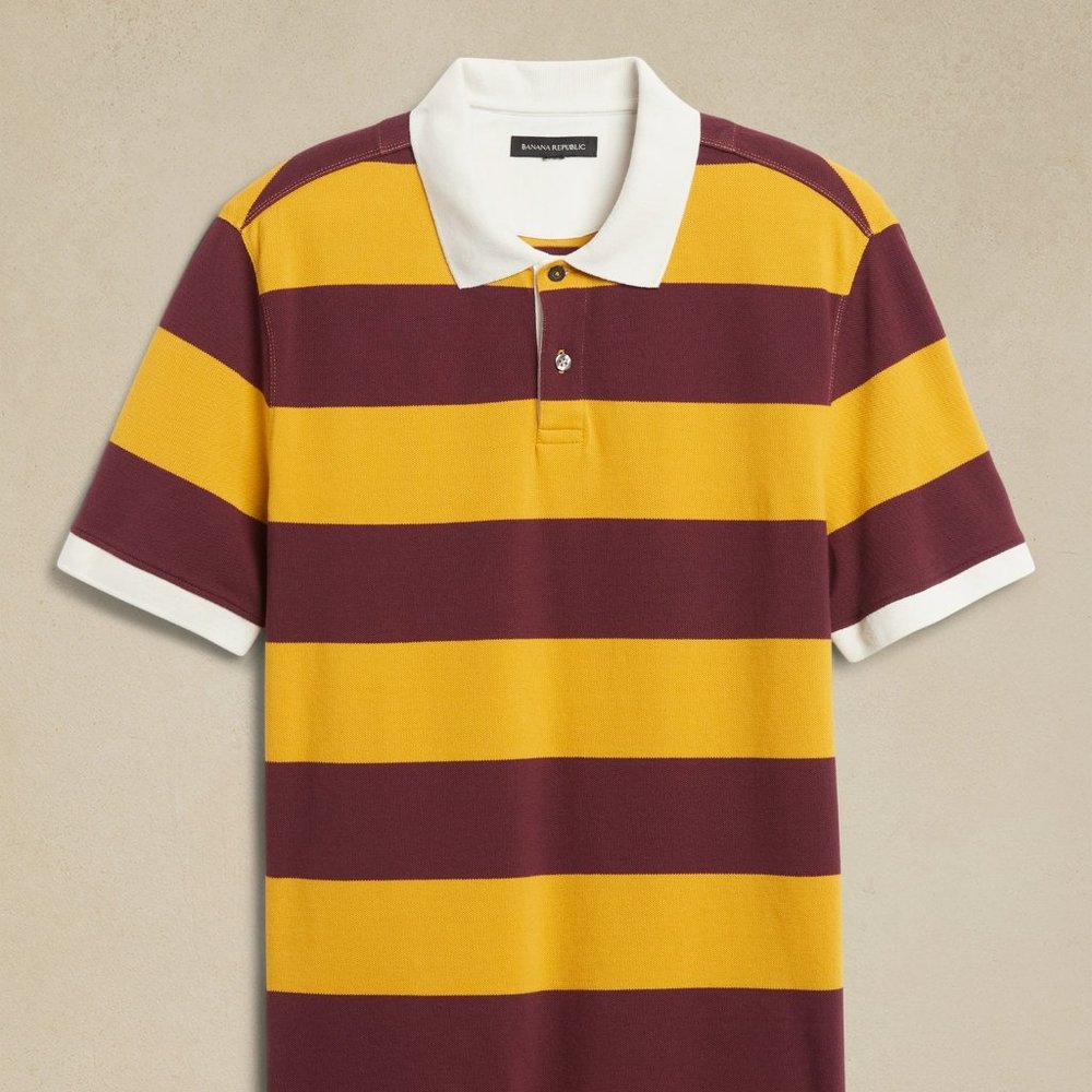 Banana Republic Bold Stripe Yellow Gingko Leaf Organic Cotton Pique Polo